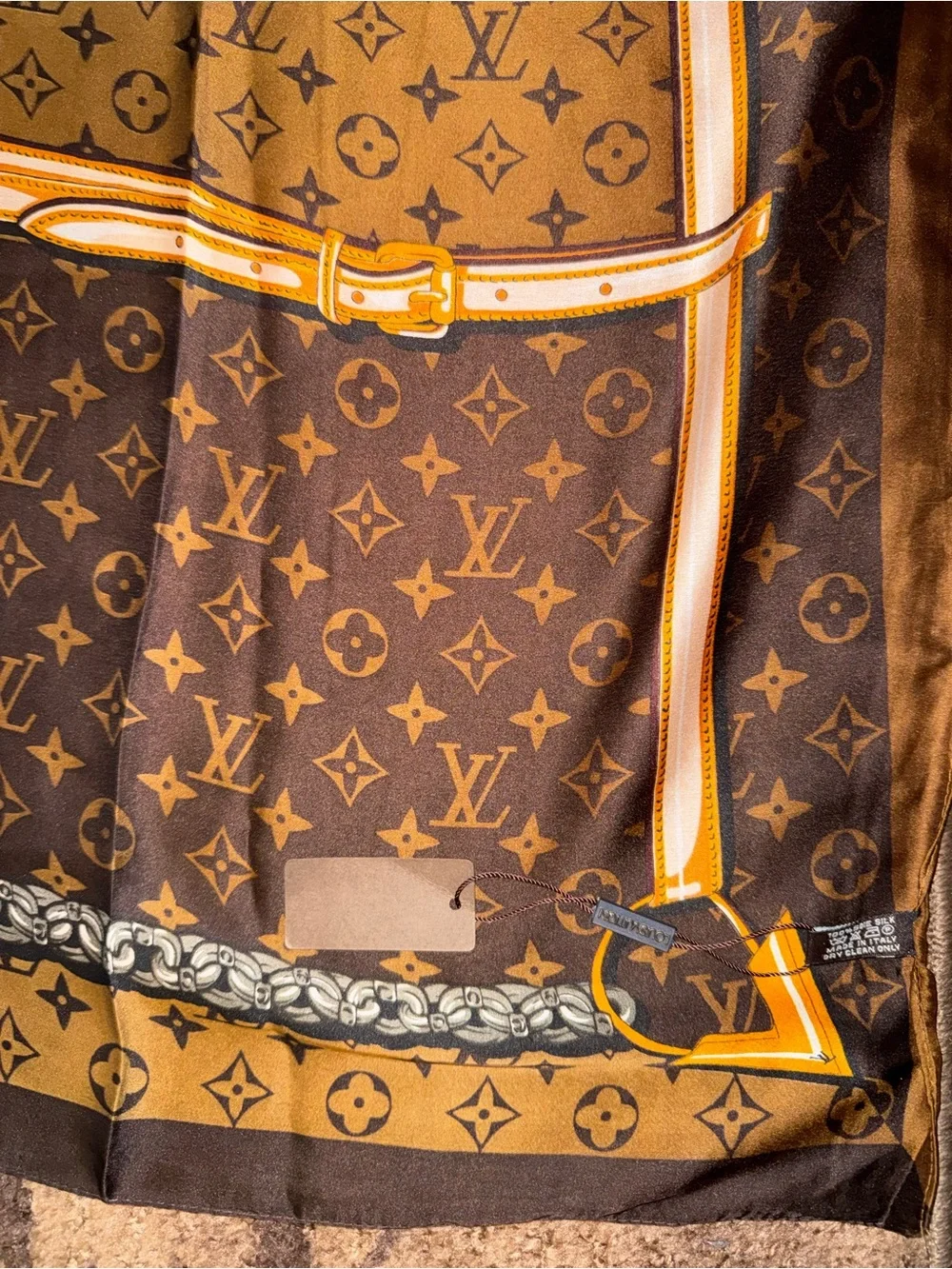 “Lock & Key” Brown/Gold 100% Soie Silk Scarf Wrap- NWT